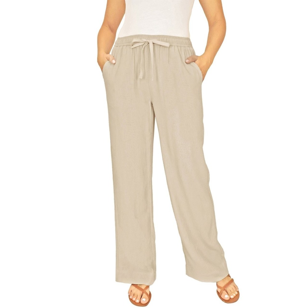 Briggs Women's Linen Blend Pull-On Pant Wide Relaxed Leg, Tan, Size: 2XL, New